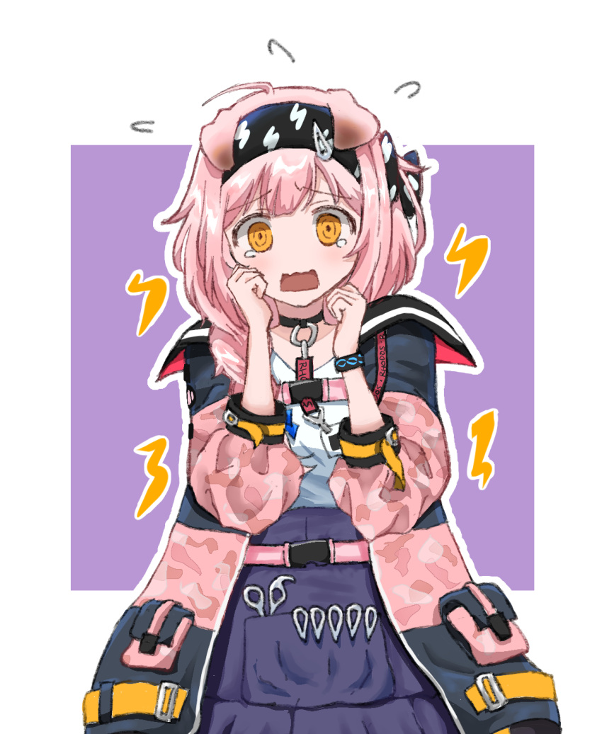 1girl animal_ears arknights black_choker black_jacket braid cat_ears choker collarbone commentary_request flying_sweatdrops frilled_skirt frills goldenglow_(arknights) hair_over_shoulder hands_up highres jacket lightning_bolt_symbol long_hair long_sleeves looking_at_viewer open_clothes open_jacket open_mouth outline owanwan_1205 pink_hair puffy_long_sleeves puffy_sleeves purple_background purple_skirt ringed_eyes scissors shirt single_braid skirt solo two-tone_background wavy_mouth white_background white_outline white_shirt yellow_eyes