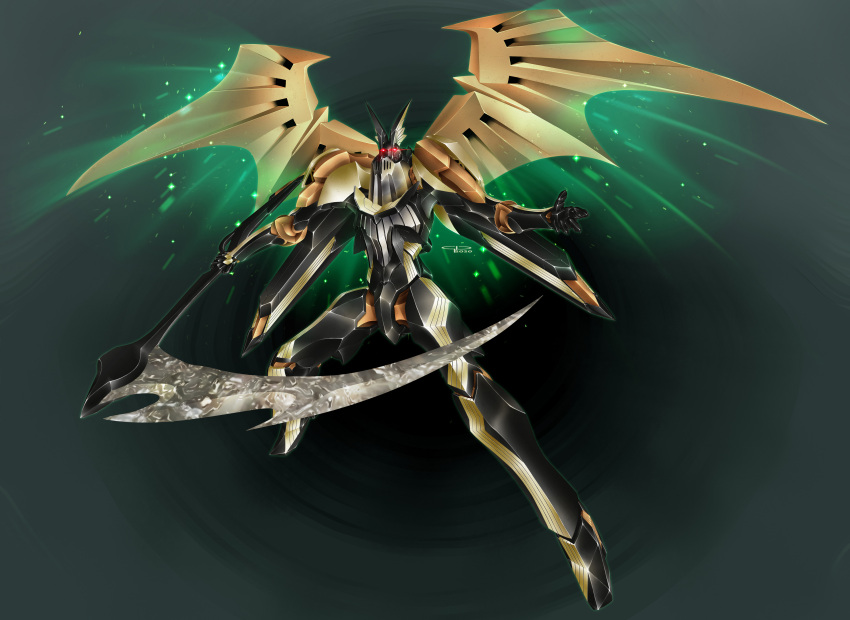 absurdres dis_astranagant english_commentary full_body giotengco highres holding holding_scythe looking_at_viewer mecha no_humans red_eyes robot scythe simple_background solo super_robot_wars the_3rd_super_robot_wars_alpha wings