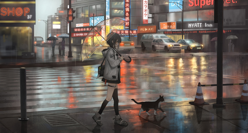 1girl 6+others asymmetrical_legwear bag black_skirt black_socks black_thighhighs building car cat catzz city cityscape commentary_request crosswalk ground_vehicle highres holding holding_umbrella jacket lamppost long_sleeves motor_vehicle multiple_others night original rain reflection reflective_floor road scenery shoes skirt sneakers socks solo_focus sports_utility_vehicle street thigh-highs traffic traffic_cone transparent transparent_umbrella umbrella walking white_footwear white_jacket