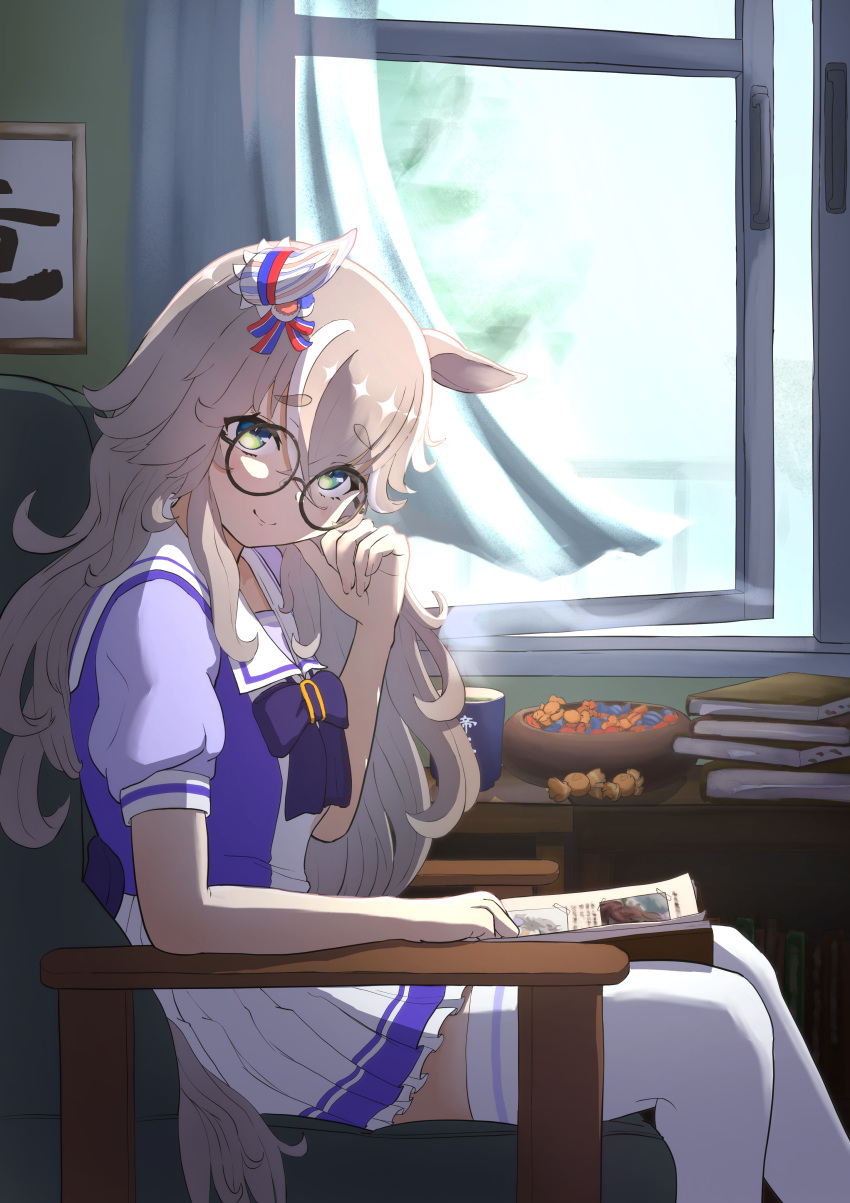 1girl absurdres agepan._(pangcha3324) animal_ears bespectacled blue_eyes book candy commentary_request curtains food glasses grey_hair hair_between_eyes highres horse_ears horse_girl horse_tail long_hair looking_at_viewer school_uniform sitting smile solo tail thick_eyebrows thigh-highs tracen_school_uniform umamusume window wonder_acute_(umamusume)
