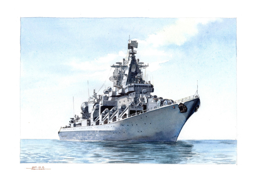 battleship blue_sky border dated horikou military military_vehicle moskva_(warship) no_humans real_life russo-ukrainian_war scenery ship signature sky warship watercraft white_border