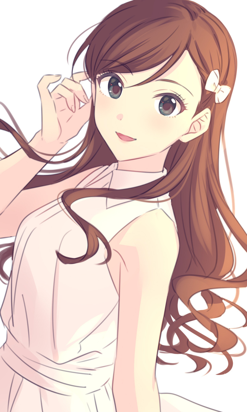 1girl black_eyes bow brown_hair copyright_request dress from_side hair_bow hand_up highres looking_at_viewer sekina simple_background smile solo white_background white_bow white_dress