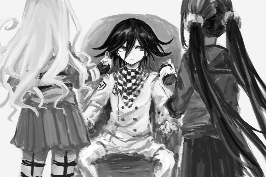 1boy 2girls absurdres bangs buttons chair checkered_clothes checkered_scarf danganronpa_(series) danganronpa_v3:_killing_harmony double-breasted facing_away from_behind grey_background greyscale hair_between_eyes harukawa_maki highres iruma_miu long_hair long_sleeves looking_at_another low_twintails mi_(auu6l) miniskirt monochrome multiple_girls ouma_kokichi pants parted_lips pleated_skirt scarf shirt simple_background sitting skirt teeth twintails two-tone_scarf