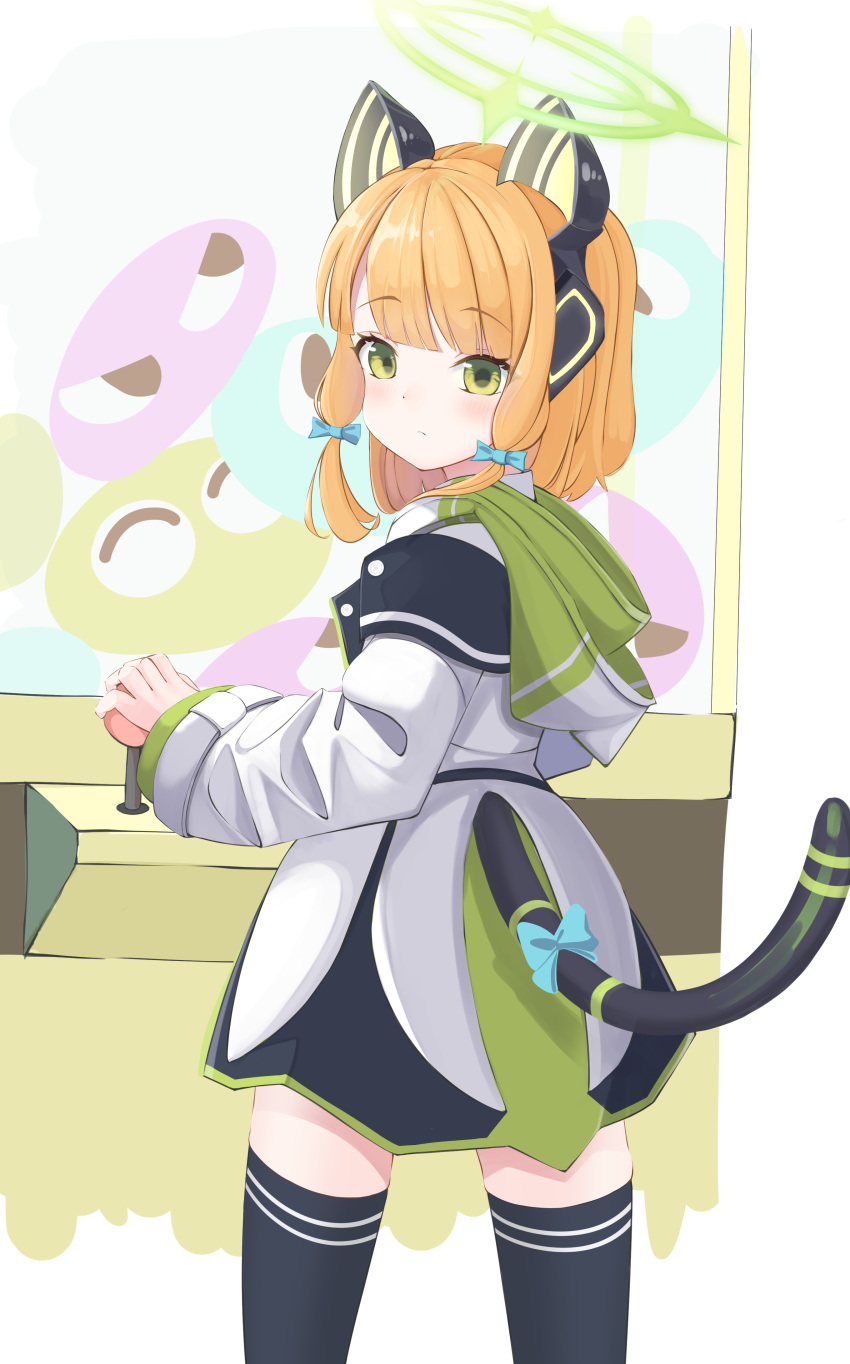 1girl absurdres animal_ear_headphones animal_ears black_thighhighs blonde_hair blue_archive cat_ear_headphones cat_ears cat_tail coat fake_animal_ears fake_tail from_behind green_eyes halo headphones highres kotani_(dainanumi) looking_back midori_(blue_archive) playing_games ribbon short_hair solo tail thigh-highs thighs white_coat