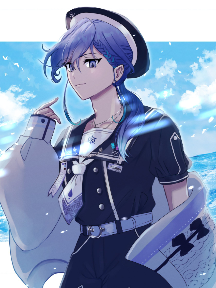 1boy anchor_symbol bird black_headwear black_shirt black_shorts blue_hair blue_sky braid braided_bangs buttons clouds cowboy_shot double-breasted earrings gummy_bear hair_over_shoulder hat highres holostars jacket jewelry lapel_pin letterboxed long_hair looking_at_viewer low_ponytail male_focus minase_rio multicolored_hair name_tag neckerchief necklace ocean off_shoulder official_alternate_costume outside_border pointing pointing_at_self purple_belt purple_hair sailor_collar sailor_hat sailor_shirt sasago335 shirt shorts sky sleeves_past_wrists smile solo streaked_hair stud_earrings sweater_jacket violet_eyes virtual_youtuber white_jacket white_neckerchief