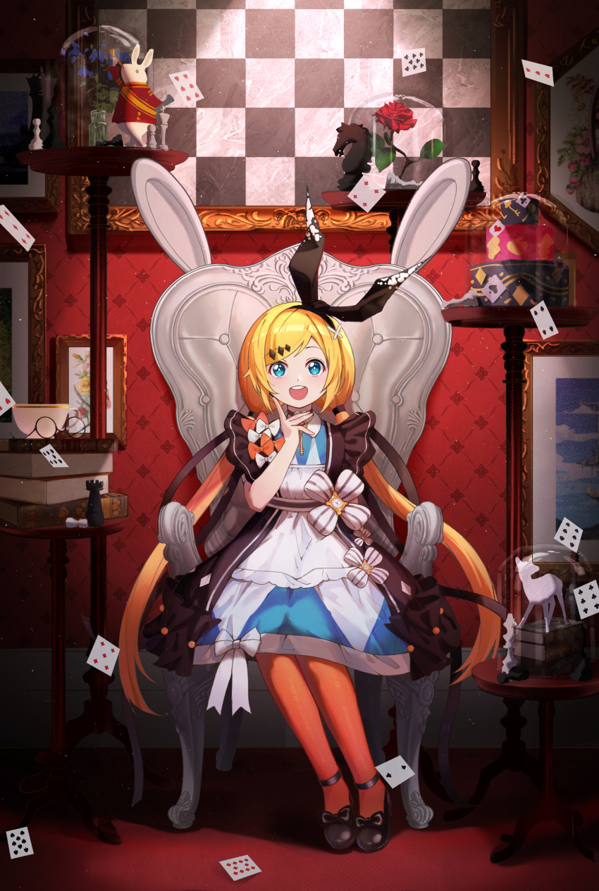 1girl :d absurdres alice_(alice_in_wonderland) alice_in_wonderland apron armchair bangs black_footwear black_hairband black_jacket black_ribbon blonde_hair blue_dress blue_eyes book book_stack card chair chess_piece club_(shape) collared_dress commentary diamond_(shape) dress hair_ribbon hairband hand_up heart highres indoors jacket long_hair low_twintails on_chair open_mouth orange_pantyhose original pantyhose picture_(object) picture_frame playing_card puffy_short_sleeves puffy_sleeves rabbit revision ribbon round_teeth shoes short_sleeves sitting smile solo spade_(shape) swept_bangs table teeth twintails upper_teeth very_long_hair wang_man white_apron