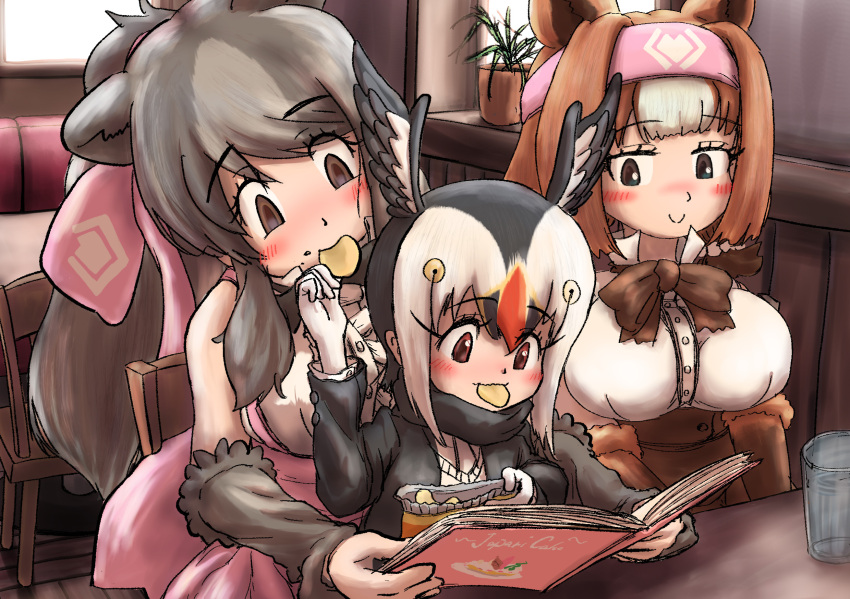 3girls animal_ears atlantic_puffin_(kemono_friends) bag_of_chips bangs bear_ears behind_another bergman's_bear_(kemono_friends) bird_wings black_hair blonde_hair blush bow breasts brown_eyes brown_hair c: chair child chips closed_mouth cup drinking_glass empty_eyes feeding female_child food food_in_mouth fur_trim gloves grey_hair hair_bow head_tilt head_wings headband height_difference high_ponytail highres holding holding_menu indoors jacket kemono_friends kodiak_bear_(kemono_friends) long_hair long_sleeves looking_at_another looking_at_object menu mouth_hold multiple_girls potato_chips reading redhead shirt sitting skirt sleeveless smile snack suspender_skirt suspenders sweater_vest table teriiman very_long_hair white_hair wings