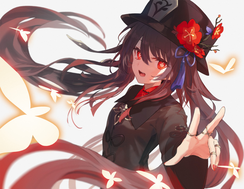 1girl arm_up bangs black_headwear bow branch breasts brown_bow brown_coat brown_hair bug butterfly butterfly_wings coat collared_coat commentary_request eyes_visible_through_hair fingernails flower flower_in_eye flying genshin_impact hair_between_eyes hand_up hat hat_flower hat_ornament hat_ribbon highres hu_tao_(genshin_impact) jewelry long_fingernails long_hair long_sleeves looking_at_viewer makihitsuji medium_breasts nail_polish open_mouth pink_flower pom_pom_(clothes) purple_flower purple_ribbon red_eyes red_flower red_nails red_shirt ribbon ring shirt smile solo standing symbol_in_eye teeth tongue twintails wide_sleeves wings
