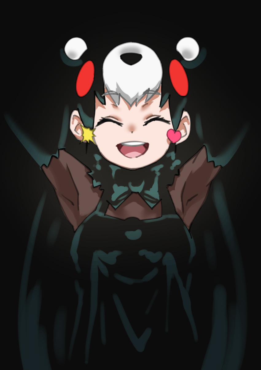 1girl :d \o/ ^_^ animal_ears armpits arms_up bear_ears bear_girl black_background black_hair chibi_kumamon_(kemono_friends) closed_eyes commentary extra_ears facing_viewer hair_ornament happy heart heart_hair_ornament highres kemono_friends kemono_friends_3 long_hair multicolored_hair open_mouth outstretched_arms simple_background smile solo star_(symbol) star_hair_ornament tanabe_(fueisei) teeth upper_body upper_teeth very_long_hair white_hair