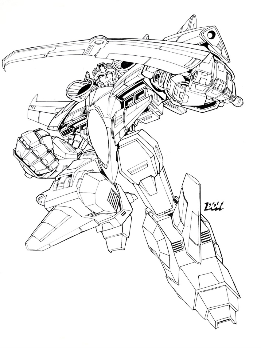 clenched_hand decepticon don_allan_figueroa english_commentary greyscale highres holding holding_sword holding_weapon lineart looking_at_viewer mecha monochrome official_art robot science_fiction shoulder_cannon smile solo starscream sword transformers transformers_armada weapon