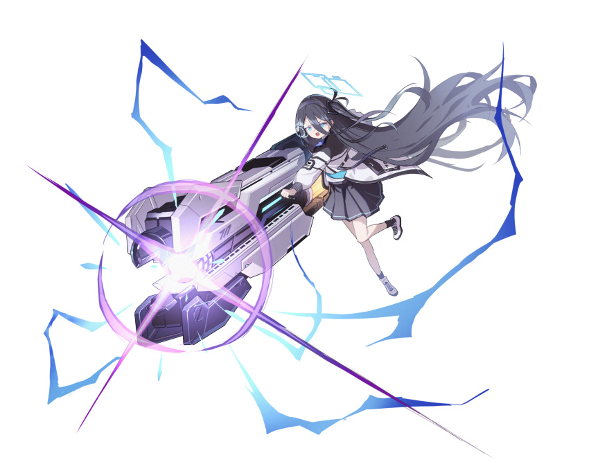 1girl absurdly_long_hair arisu_(blue_archive) bangs black_hair black_hairband blue_archive blue_eyes bright_pupils einheadt full_body hairband highres holding holding_weapon jacket long_hair looking_ahead multicolored_clothes multicolored_jacket one_side_up open_mouth pleated_skirt railgun ringed_eyes serious simple_background skirt solo standing teeth upper_teeth very_long_hair weapon white_background white_pupils