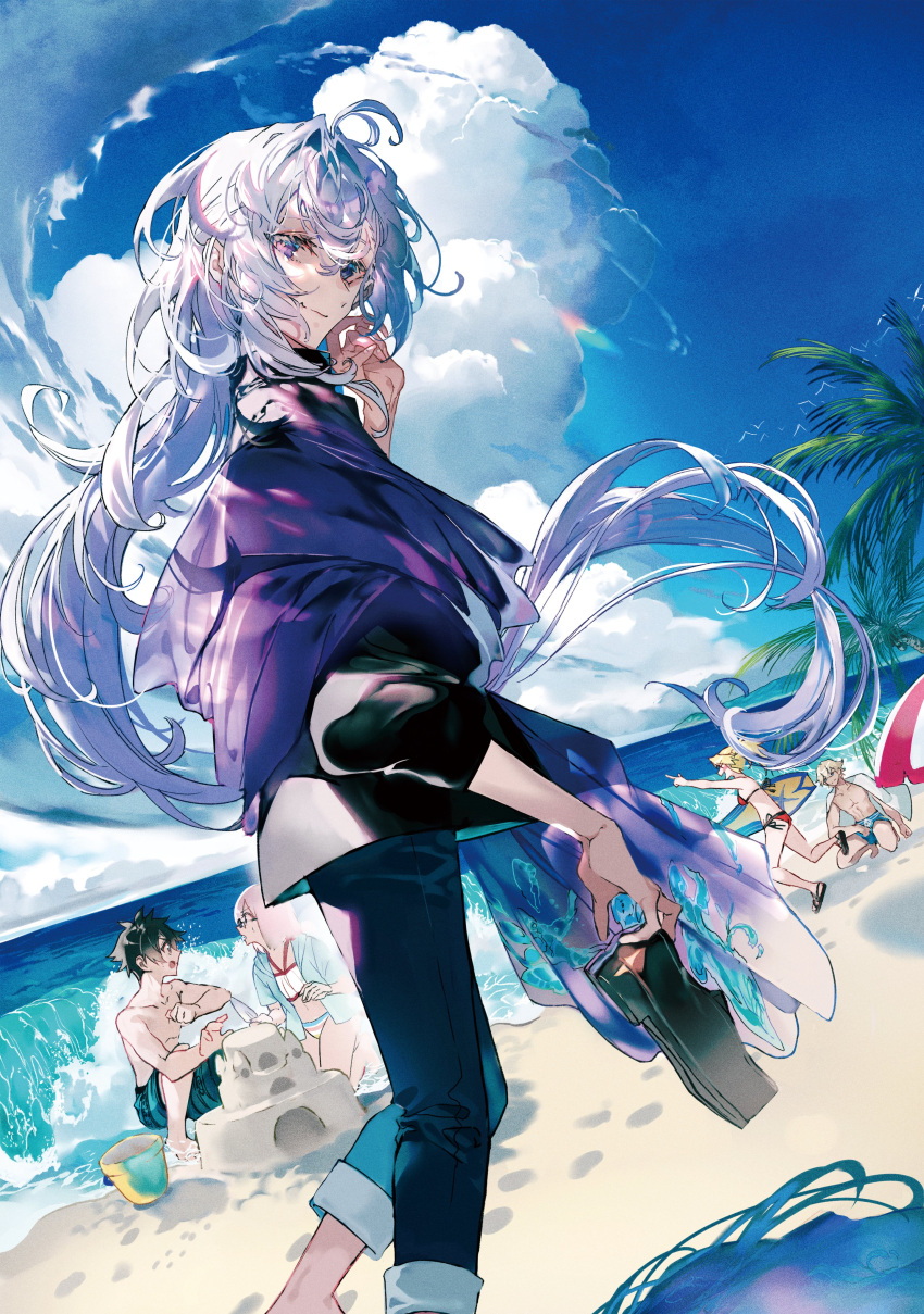 2girls 3boys absurdres ahoge bangs bare_shoulders beach bikini black_footwear black_hair black_pants black_shirt blonde_hair blue_eyes blue_jacket blue_male_swimwear blue_sky blush bow braid breasts cape closed_mouth coat coat_on_shoulders collared_shirt commentary day dress_swimsuit earrings fate/grand_order fate_(series) fujimaru_ritsuka_(male) fujimaru_ritsuka_(male)_(brilliant_summer) gawain_(fate) glasses green_eyes green_male_swimwear green_shorts hair_between_eyes hair_ornament hair_scrunchie highres holding holding_shoes holding_surfboard jacket jewelry light_smile long_hair long_sleeves looking_at_another looking_at_viewer male_swimwear mash_kyrielight mash_kyrielight_(swimsuit_of_perpetual_summer) merlin_(camelot_&amp;_co)_(fate) merlin_(fate) mordred_(fate) mordred_(swimsuit_rider)_(fate) multiple_boys multiple_girls mura_karuki ocean official_alternate_costume pants pants_rolled_up parasol pink_bow ponytail print_scarf print_shorts print_swimsuit purple_hair purple_scarf rainbow_bikini red_bikini red_swimsuit river sand sand_castle sand_sculpture scarf scrunchie shirt shoes shoes_removed shore short_hair shorts side-tie_bikini sky skyline small_breasts smile squatting sunlight surfboard swim_trunks swimsuit umbrella very_long_hair violet_eyes water white_bikini white_cape white_hair white_swimsuit