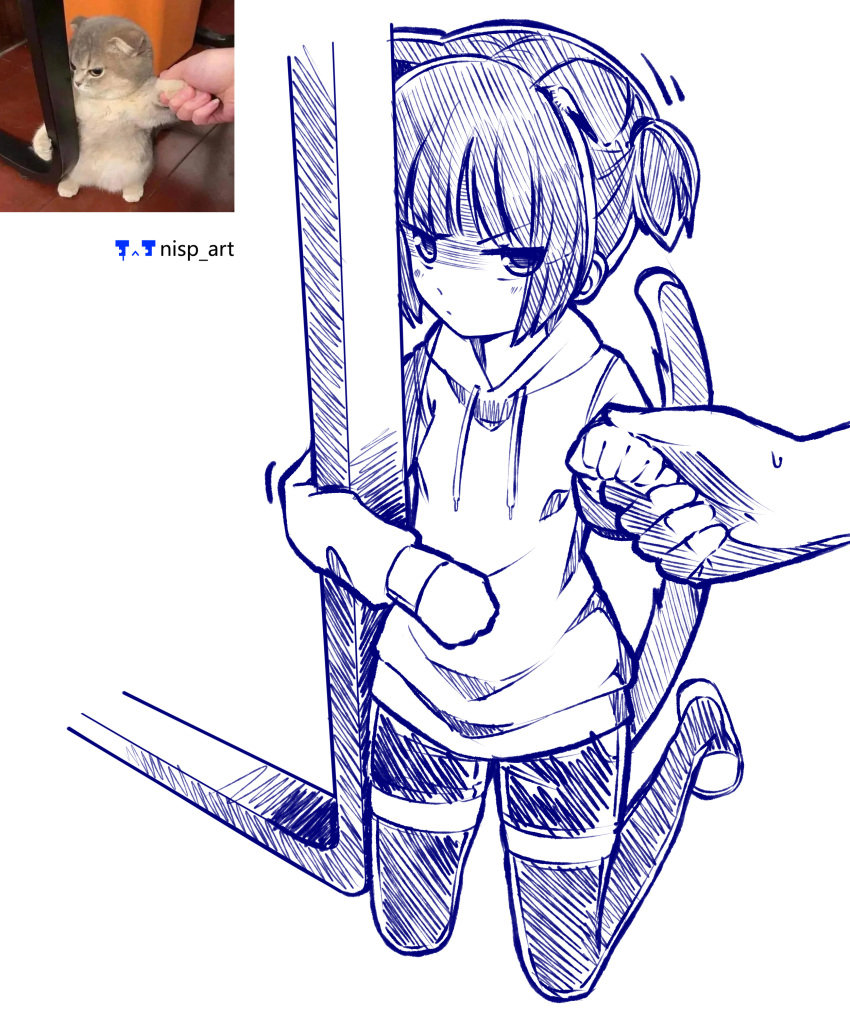 1girl absurdres angry animal_ears artist_logo artist_name bangs cat_ears cat_girl cat_tail clenched_hands commentary_request drawstring highres holding_another's_wrist hood hoodie kneeling looking_at_viewer meme nisp_art one_side_up original pen_(medium) reference_inset russian_commentary short_hair shorts sidelocks slippers solo solo_focus sweatdrop tail thigh-highs v-shaped_eyebrows