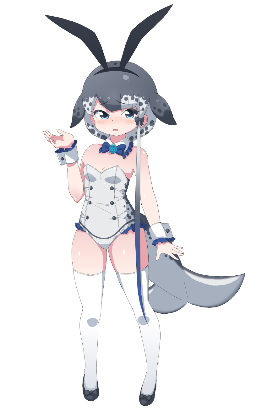 1girl absurdres animal_ears bare_shoulders blue_bow blue_bowtie blue_eyes blue_hair blush bow bowtie bunny_day cetacean_tail collar commentary_request detached_collar fake_animal_ears flats footwear_bow frilled_leotard frills full_body grey_footwear grey_hair grey_leotard highres japari_symbol kemono_friends leotard multicolored_hair narwhal_(kemono_friends) playboy_bunny rabbit_ears remora_(samewakame) short_hair short_hair_with_long_locks sleeveless solo strapless strapless_leotard thigh-highs whale_girl white_collar white_hair white_thighhighs wrist_cuffs