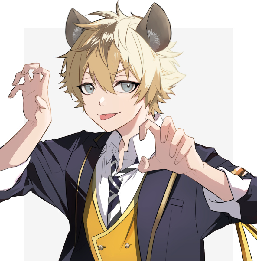 1boy 1pinpon :p bangs blazer blonde_hair blue_eyes brown_hair buttons claw_pose collared_shirt double-breasted highres hyena_ears jacket looking_at_viewer male_focus multicolored_hair necktie ruggie_bucchi school_uniform shirt short_hair sleeves_rolled_up smile solo striped_necktie tongue tongue_out twisted_wonderland two-tone_hair v-shaped_eyebrows