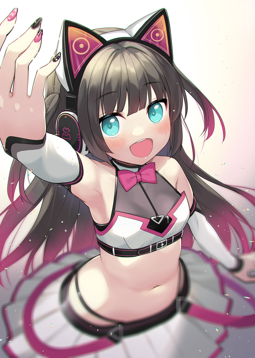 1girl :d animal_ears aqua_eyes arm_up armpits bangs belt black_nails blunt_bangs bow bowtie breasts brown_hair cat_ear_headphones colored_tips commentary_request crop_top detached_sleeves duplicate fake_animal_ears from_above headphones highres hime_cut hololive long_hair midriff minamura_haruki miniskirt multicolored_hair nail_polish natsuiro_matsuri navel official_alternate_costume official_alternate_hairstyle open_mouth pink_nails pixel-perfect_duplicate pleated_skirt round_teeth simple_background skirt small_breasts smile solo teeth underbust virtual_youtuber white_skirt