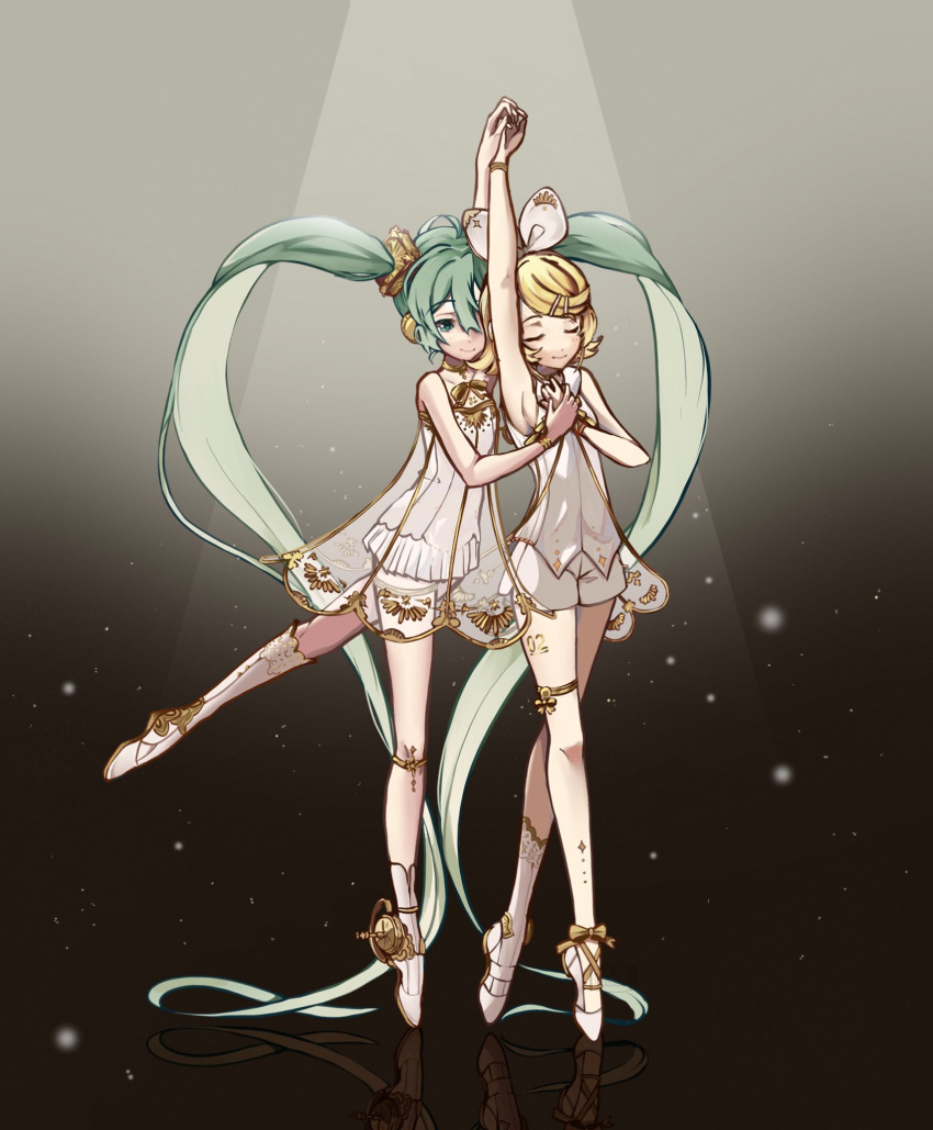 2girls absurdly_long_hair arm_up asymmetrical_footwear ballet_slippers bangs blonde_hair blue_eyes boots bow bracelet breasts choker closed_eyes dancing dress en_pointe flipped_hair gold_trim green_hair hair_bow hair_ornament hairclip hatsune_miku headphones heart heart_hair highres holding_hands ianxy2 jewelry kagamine_rin knee_strap long_hair looking_at_another mismatched_footwear multiple_girls necklace pleated_skirt reflective_floor see-through see-through_dress see-through_shirt shirt short_hair shorts sideboob skirt sleeveless sleeveless_shirt small_breasts smile spotlight standing standing_on_one_leg thigh_strap twintails very_long_hair vocaloid