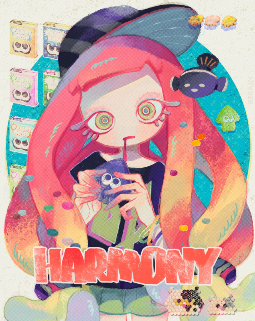 1girl baseball_cap black_shirt blonde_hair bracelet character_name clownfish colored_eyelashes colored_skin cowboy_shot drooling fish frown gradient_hair gradient_skin green_eyes green_hair green_skirt hands_up harmony's_clownfish_(splatoon) harmony_(splatoon) harmonybreeze hat highres holding jewelry judd_(splatoon) legs_apart li'l_judd_(splatoon) long_hair looking_at_viewer low_twintails miniskirt multicolored_hair multicolored_skin no_eyebrows open_mouth pink_hair pink_skin purple_skin rerain shirt short_sleeves sideways_hat skirt splatoon_(series) splatoon_3 standing striped striped_headwear tentacle_hair twintails