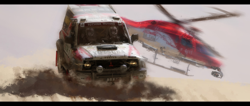 2girls aircraft car commentary driving dust ground_vehicle haguruma_c helicopter helmet highres motor_vehicle multiple_girls original race_vehicle racecar rally_car sponsor sports_utility_vehicle symbol-only_commentary vehicle_focus vehicle_request