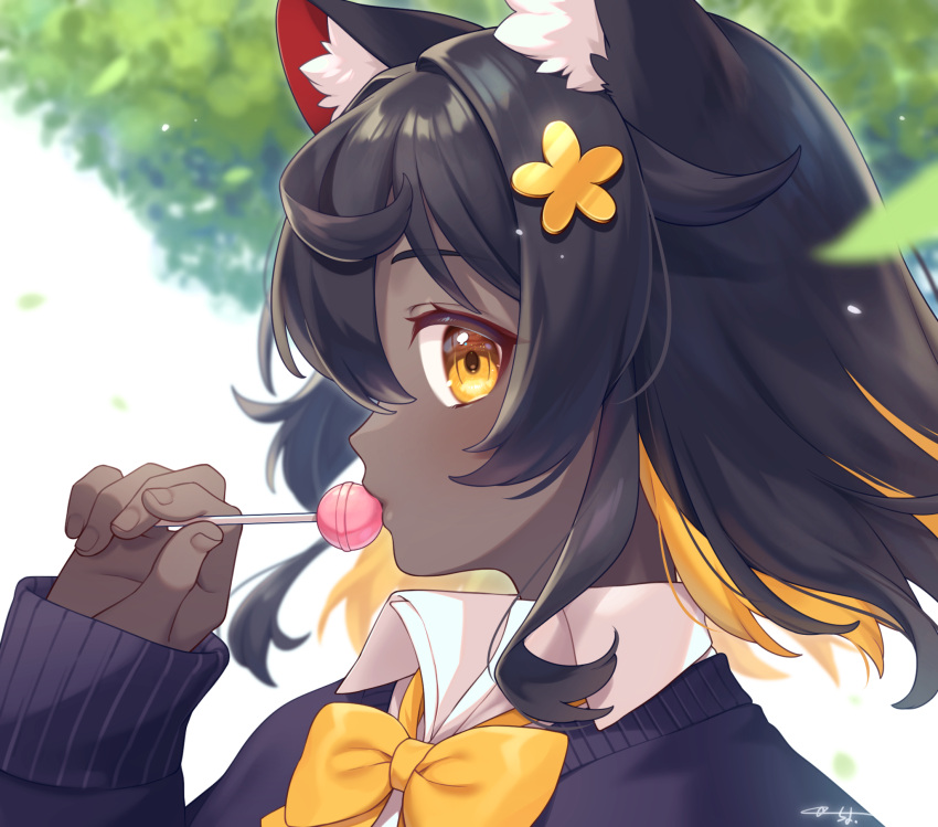 1girl animal_ear_fluff animal_ears bangs black_hair blonde_hair blue_sweater bow candy close-up collared_shirt commentary_request dark-skinned_female dark_skin food hair_between_eyes hair_ornament hand_up highres holding holding_candy holding_food holding_lollipop lollipop long_hair long_sleeves looking_at_viewer looking_to_the_side multicolored_hair original outdoors portrait sakura_chiyo_(konachi000) shirt sidelocks signature solo streaked_hair sweater yellow_bow yellow_eyes