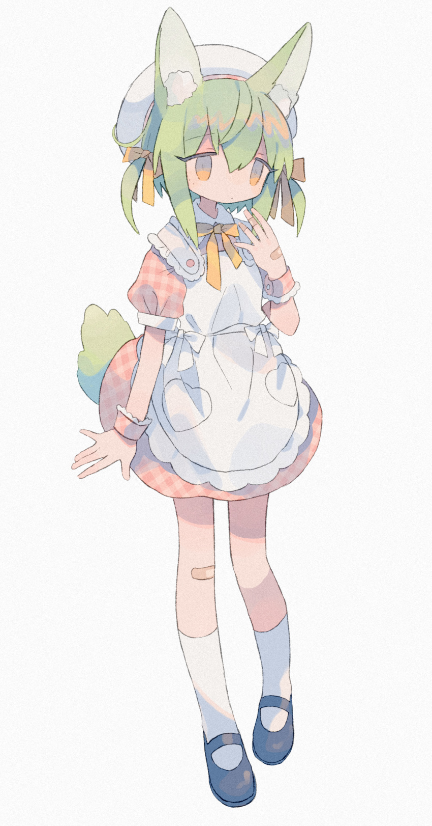 1girl absurdres animal_ear_fluff animal_ears apron arm_at_side bandaid bandaid_on_hand bandaid_on_knee bandaid_on_leg bangs beret black_footwear bow buttons closed_mouth daizu_(melon-lemon) dog_ears dog_girl dog_tail dress expressionless film_grain frilled_apron frilled_cuffs frills full_body gingham_dress green_hair hair_between_eyes hair_ribbon hand_up hat heart highres mary_janes medium_hair neck_ribbon no_nose original pigeon-toed pink_dress plaid plaid_dress pocket puffy_short_sleeves puffy_sleeves ribbon shoes short_hair short_sleeves sidelocks simple_background socks solo standing tail tareme two_side_up white_apron white_background white_bow white_headwear white_ribbon white_socks wrist_cuffs yellow_eyes yellow_ribbon