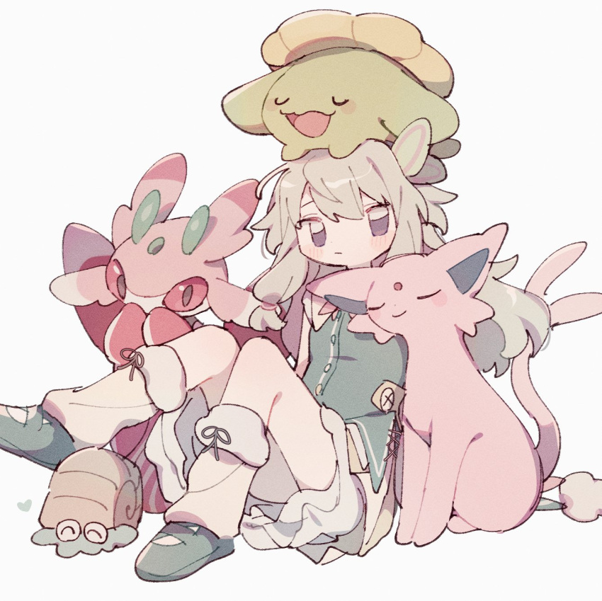 1girl blush butterfly_hair_ornament closed_eyes closed_mouth commentary_request espeon green_footwear green_hair hair_ornament highres kusanagi_nene leg_warmers long_hair looking_at_viewer lurantis nodori710 nuzzle omanyte on_floor pokemon pokemon_(creature) project_sekai shell simple_background sitting skiploom skirt violet_eyes white_background white_leg_warmers yellow_skirt