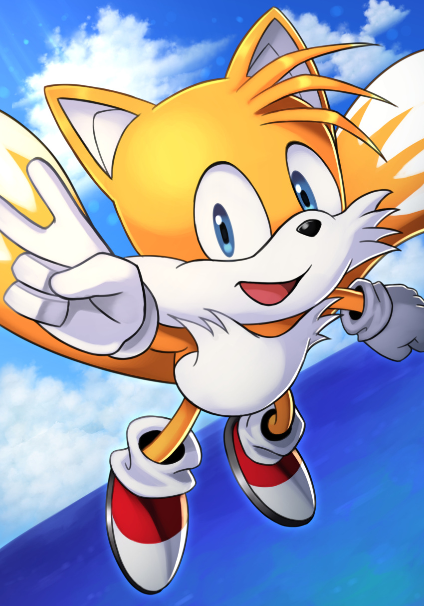 1boy absurdres animal canine flying fox fox_boy happy highres mammal miles_prower no_humans ocean open_mouth sega shoes silverchariotx sky smile socks solo sonic_(series) tails_(sonic) v water