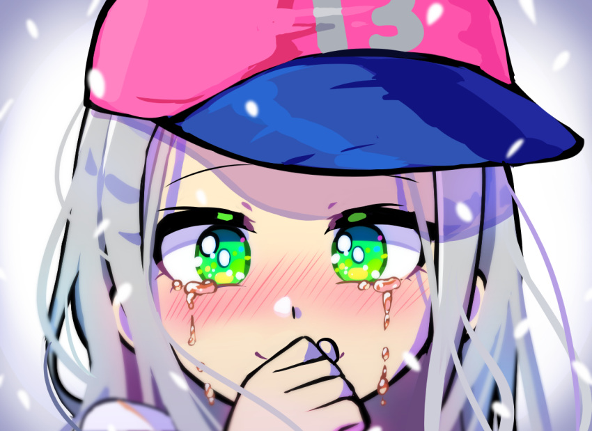 13-amp 1girl baseball_cap blush covering_mouth crying crying_with_eyes_open ears_visible_through_hair green_eyes hand_over_own_mouth hat long_hair looking_at_viewer offbeat shirt solo tears upper_body warioware white_hair white_shirt