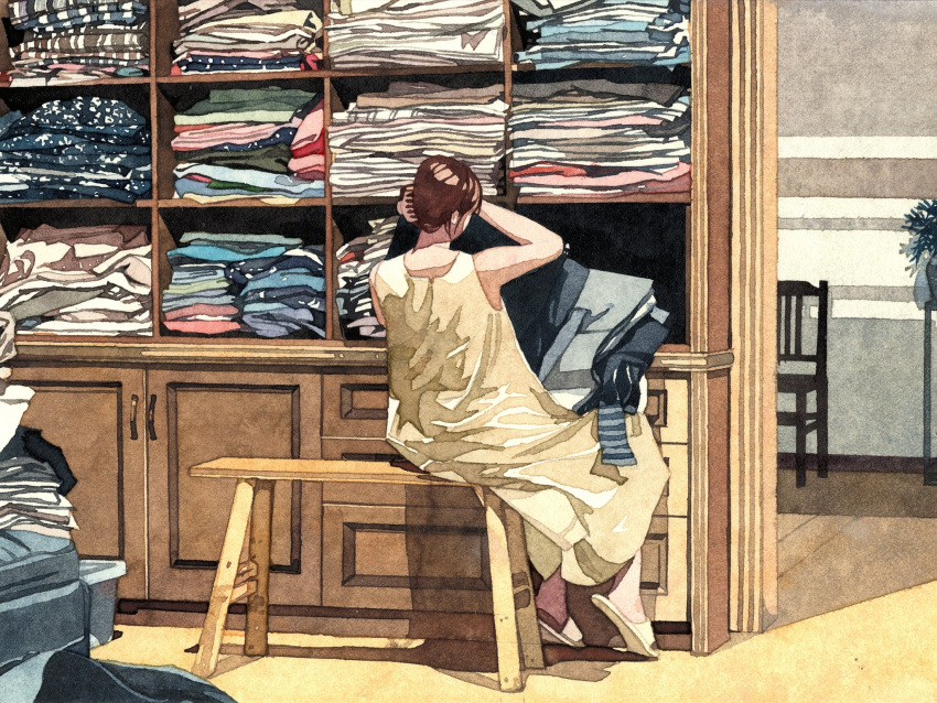 1girl bench brown_hair chair clothes dress folded_clothes from_behind gegyjiji hair_ornament hairclip hands_up highres indoors long_hair original painting_(medium) shelf sitting sleeveless sleeveless_dress slippers solo traditional_media watercolor_(medium) yellow_dress