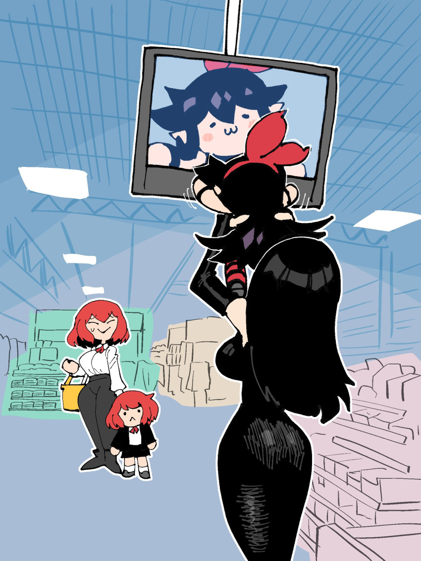 1boy 3girls :&gt; :3 ? black_dress black_hair black_jacket black_pants black_shorts blue_background blush_stickers breasts carla_carmilla_(rariatto) chibi closed_eyes closed_mouth collared_shirt crossed_arms dolk_carmilla dress english_commentary fangs fingernails food from_side grey_footwear highres ice_cream jacket jaggy_lines laughing long_fingernails long_hair looking_at_another looking_at_viewer meme mother_and_son multicolored_hair multiple_girls neck_ribbon noss_(rariatto) notice_lines open_mouth original pants rariatto_(ganguri) red_ribbon redhead revision ribbon shirt shoes shorts sketch smile smug socks speech_bubble streaked_hair striped supermarket television v-shaped_eyebrows vampire white_hair white_shirt zakuro_(rariatto)