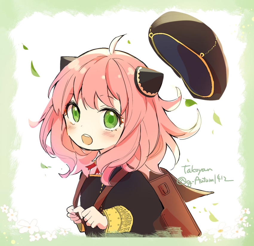 1girl :o ahoge anya_(spy_x_family) backpack bag bangs beret black_dress black_headwear black_sleeves blush child commentary_request dress eden_academy_uniform female_child gold_trim green_eyes hairpods hat hat_loss highres long_hair long_sleeves looking_at_viewer open_mouth pink_hair randoseru shiny shiny_hair shirt simple_background smile solo spy_x_family takoyan_(g_autumn) twitter_username upper_body white_background white_shirt wind wind_lift