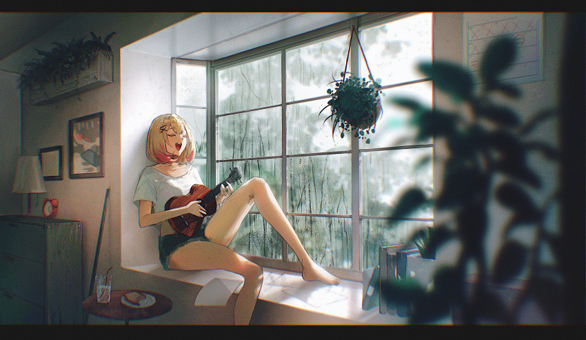 1girl alarm_clock bangs barefoot blonde_hair blue_shorts blurry calendar_(object) clock closed_eyes collarbone colored_tips commentary commission cropped_shirt cup cyberlive day denim denim_shorts depth_of_field drawer drinking_glass drinking_straw english_commentary foot_out_of_frame guitar hair_ornament hairclip hanging_plant highres holding holding_instrument iekushi_chapipi indoors instrument knee_up lamp letterboxed multicolored_hair music open_mouth paper picture_(object) pink_hair plant plate playing_instrument potted_plant rain scenery shirt short_hair short_sleeves shorts singing sitting sitting_in_window skeb_commission smile solo table tree tsukiiro two-tone_hair virtual_youtuber white_shirt window x_hair_ornament