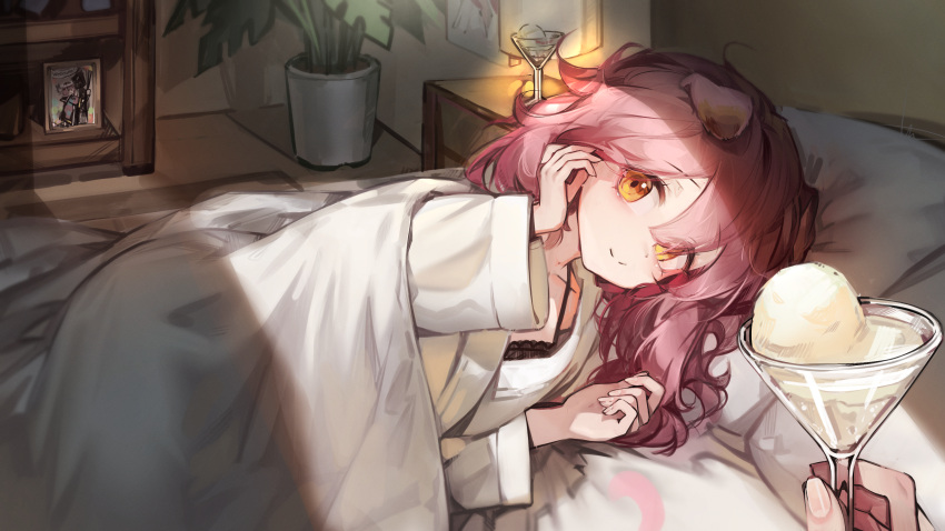 1girl absurdres animal_ears arknights bed_sheet black_camisole camisole cat_ears cat_girl cocktail_glass cup doctor_(arknights) drinking_glass floppy_ears goldenglow_(arknights) hair_between_eyes hand_in_own_hair highres holding holding_cup libiadan lying on_bed on_side pajamas photo_(object) pillow pink_hair pov yellow_eyes