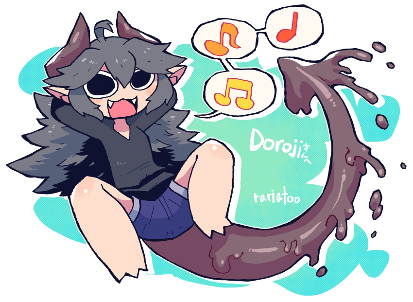 1other :3 absurdres barefoot black_eyes black_shirt blue_shorts blush_stickers commission fangs grey_hair highres horns long_hair looking_at_viewer musical_note original rariatto_(ganguri) shirt shorts skeb_commission smile solo spoken_musical_note tail