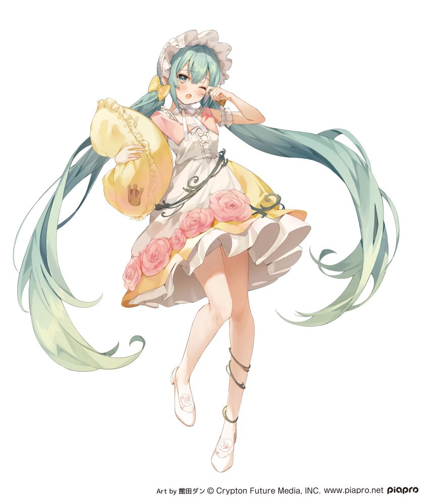 absurdres aqua_hair bangs blush bow bowtie commentary_request crypton_future_media dot_nose dress floral_dress flower frills green_eyes green_hair hair_bow hairband hand_on_own_face hatsune_miku highres kanda_done knees_apart_feet_together leg_up long_hair looking_at_viewer low_twintails maid_headdress mixed-language_text open_mouth pillow pink_flower pink_footwear pink_rose plant rose simple_background skirt sleeveless sleeveless_dress standing suspender_skirt suspenders twintails vines vocaloid white_background white_bow white_dress white_hairband yawning yellow_bow