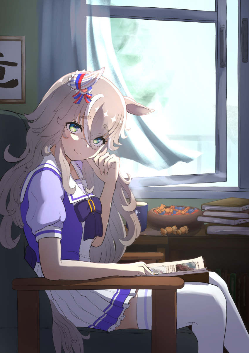1girl absurdres agepan._(pangcha3324) animal_ears blue_eyes book candy commentary_request curtains food grey_hair hair_between_eyes highres horse_ears horse_girl horse_tail long_hair looking_at_viewer school_uniform sitting smile solo tail thick_eyebrows thigh-highs tracen_school_uniform umamusume window wonder_acute_(umamusume)