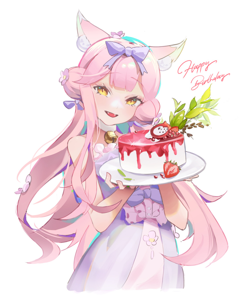 1girl :d absurdres animal_ears bangs blush bow bunwaka cake double_bun dragon_fruit dress dress_bow fangs flower food frilled_dress frills fruit hair_bow hair_bun hair_flower hair_ornament hair_ribbon happy_birthday highres holding holding_cake holding_food holding_plate leaf long_hair looking_at_viewer multicolored_hair open_mouth original pink_hair plant plate purple_hair ribbon smile solo strapless strapless_dress strawberry two-tone_hair two_side_up very_long_hair yellow_eyes