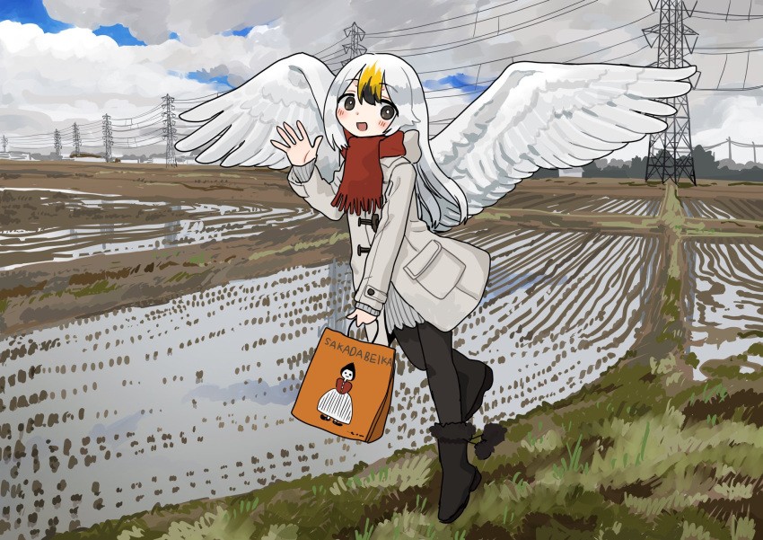 1girl bag bird black_footwear blue_sky boots check_copyright clouds cloudy_sky copyright_request feathered_wings feathers flying grass grey_skirt hand_up highres holding holding_bag long_sleeves original outdoors personification pleated_skirt red_scarf reflection scarf skirt sky solo swan white_feathers white_wings wings zinbei