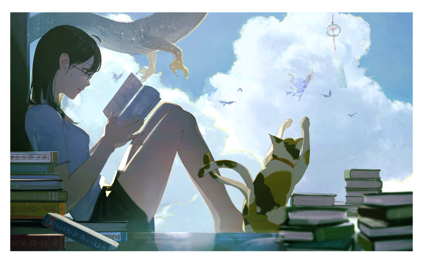 1girl absurdres ahoge bangs barefoot black_hair black_shorts blue_sky book book_stack border bug butterfly cat clouds commentary creature dragon fish from_side full_body glasses highres holding holding_book knees_up medium_hair multiple_tails oekaki_taro open_book original parted_lips profile reading shirt short_sleeves shorts sitting sky solo sweatdrop tail two_tails white_border white_shirt wind_chime window