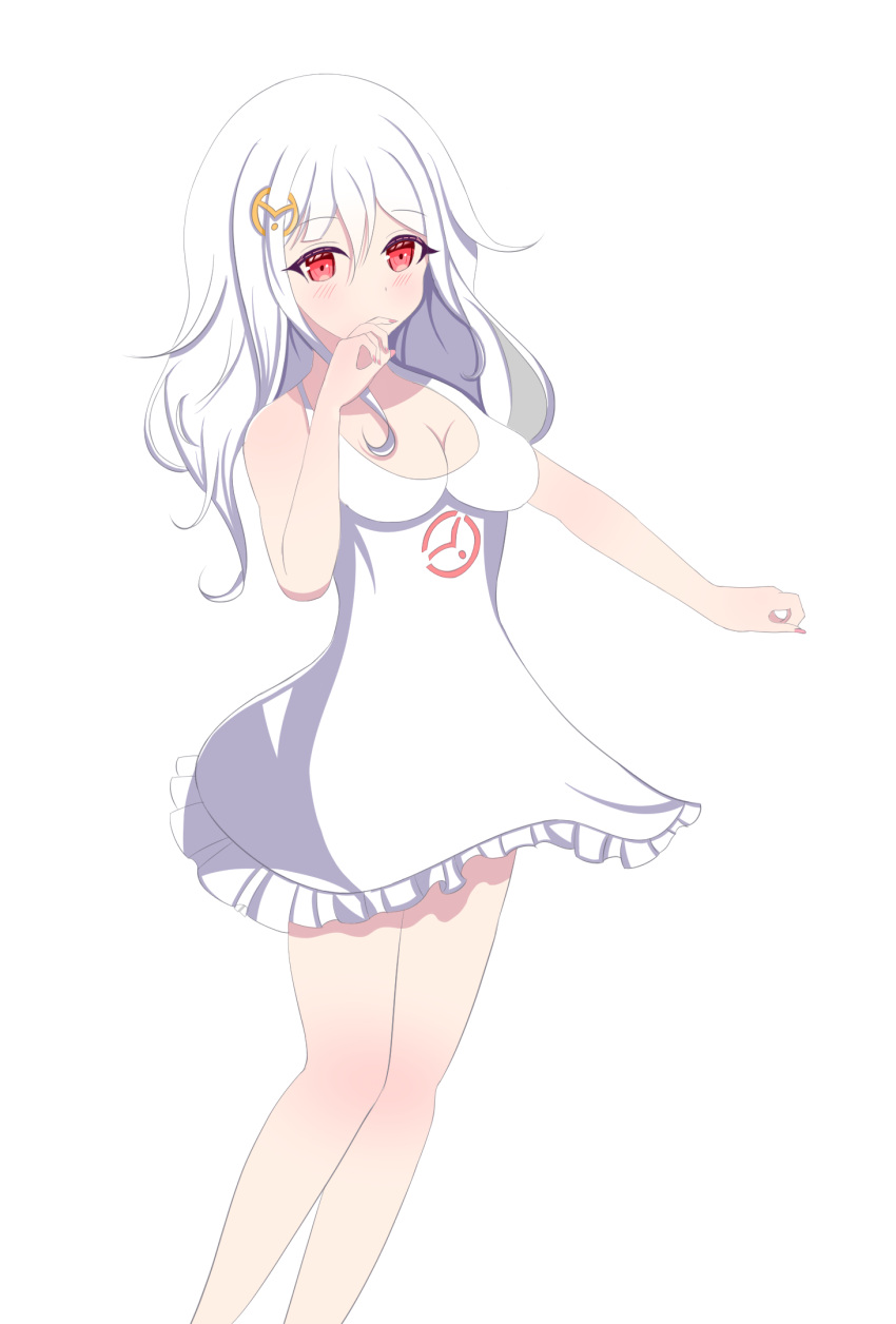 1girl blush breasts corsace covered_mouth dress eyebrows_hidden_by_hair hair_ornament hairpin highres large_breasts logo original red_eyes red_nails transparent_background white_dress white_hair
