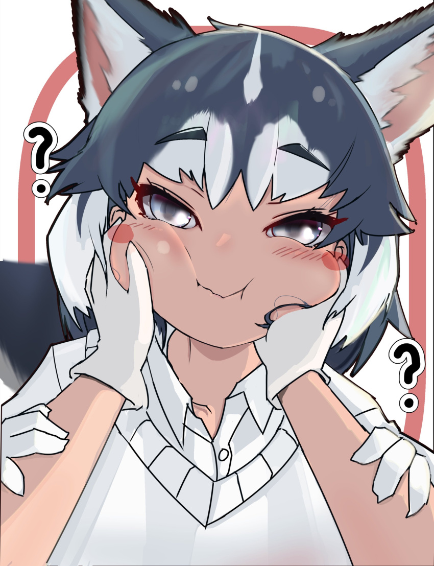 1girl ? absurdres animal_ears bangs black_hair blush blush_stickers buttons cheek_pinching cheek_squash closed_mouth collared_shirt colored_inner_hair dog_ears dog_girl dog_tail gloves grey_eyes hands_on_another's_cheeks hands_on_another's_face highres kemono_friends looking_at_viewer medium_hair morrowine multicolored_hair no_jacket pinching pov pov_hands shirt siberian_husky_(kemono_friends) solo solo_focus sweater_vest tail two-tone_hair white_gloves white_hair white_shirt wing_collar