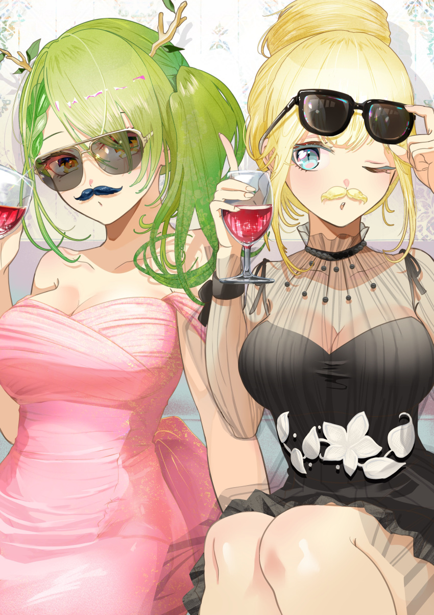 2girls absurdres alternate_costume antlers black_dress blonde_hair blue_eyes braid breasts ceres_fauna cowboy_shot cup dress drinking_glass fake_facial_hair fake_mustache french_braid green_hair hair_bun highres holding holding_cup hololive hololive_english iris_(tb33064667) looking_at_viewer multiple_girls official_alternate_costume one_eye_closed pink_dress see-through side_ponytail single_hair_bun sleeveless sleeveless_dress sunglasses virtual_youtuber watson_amelia yellow_eyes