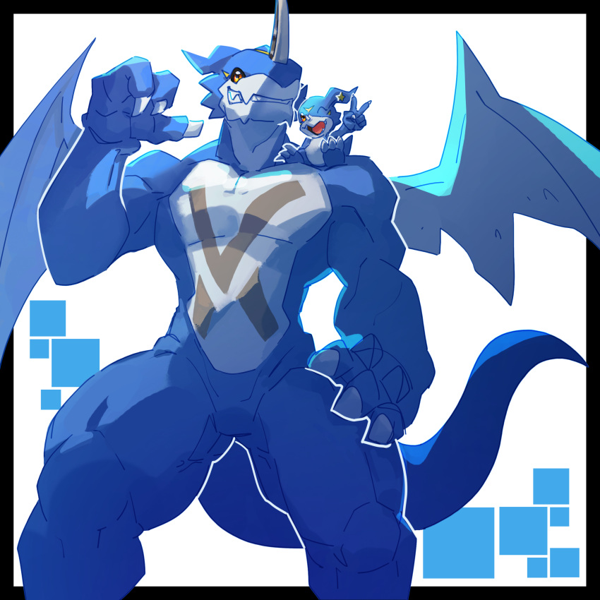 absurdres black_border blue_background border brown_eyes claws digimon digimon_(creature) digimon_adventure_02 exveemon feet_out_of_frame grin highres horns kaiju_(konokaijuda) no_humans one_eye_closed outline single_horn smile standing teeth v veemon white_background white_outline wings