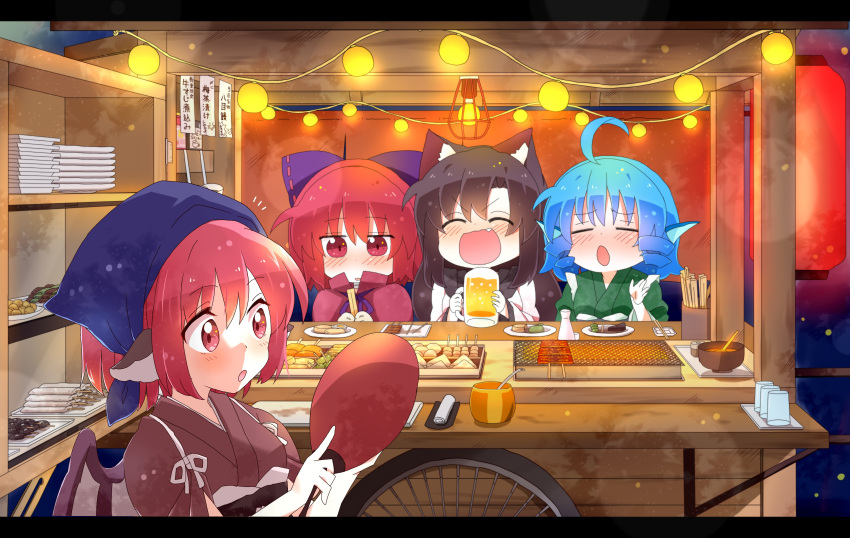 4girls absurdres ahoge alcohol animal_ears beer beer_mug bird_ears bird_wings blue_bow blue_hair blush bow brown_hair cloak closed_eyes commission cup drill_hair drunk fang food food_stand grass_root_youkai_network green_kimono hair_between_eyes hair_bow hand_fan head_fins head_scarf highres holding holding_cup holding_fan imaizumi_kagerou japanese_clothes kimono long_hair mug multiple_girls mystia_lorelei okamisty open_mouth paper_fan pink_eyes pink_hair red_cloak red_eyes redhead sekibanki short_hair skeb_commission smile totoharu_(kujirai_minato) touhou uchiwa wakasagihime white_wings wings wolf_ears yatai