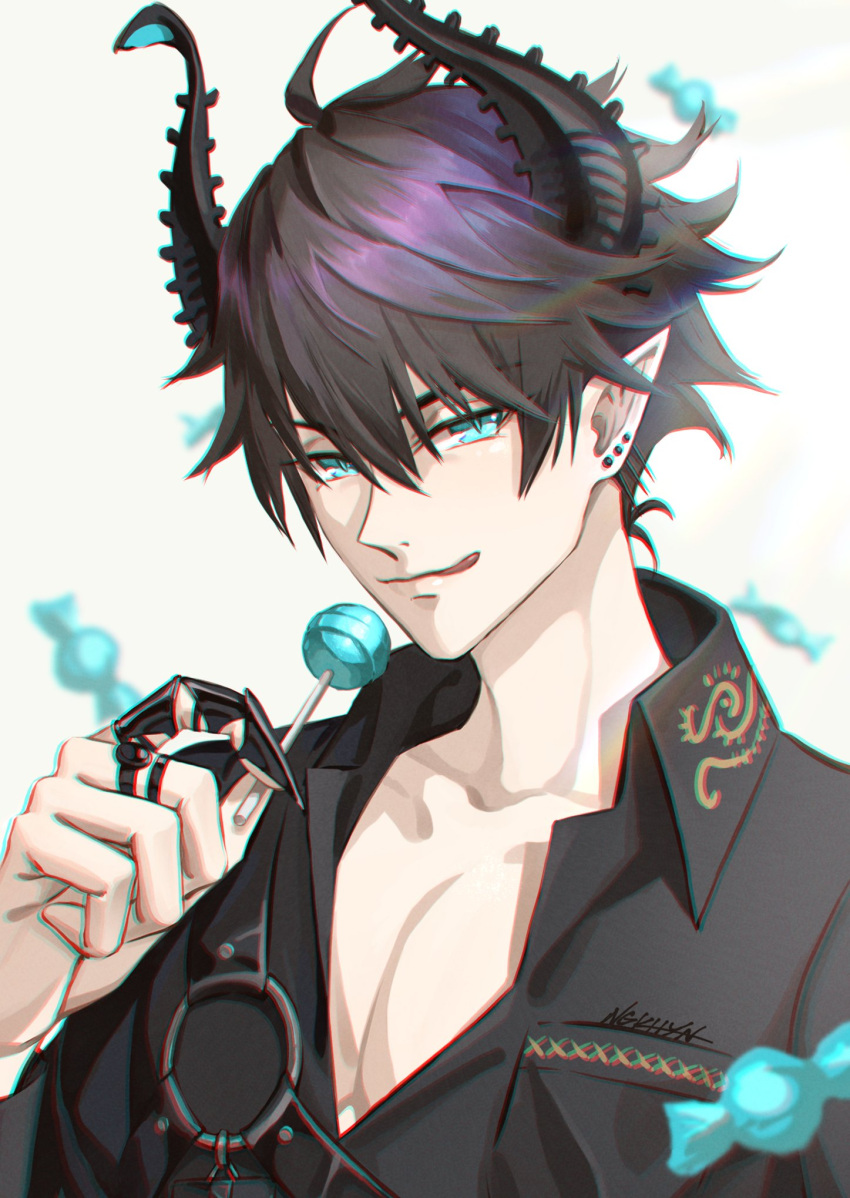 1boy :q ahoge artist_name asymmetrical_horns bangs black_hair black_horns black_shirt blue_eyes breast_pocket candy claw_ring closed_mouth collarbone collared_shirt commentary ear_piercing earrings english_commentary food hair_between_eyes hand_up highres holding holding_candy holding_food holding_lollipop horns jewelry lollipop long_sleeves looking_at_viewer male_focus ngkhyn nijisanji nijisanji_en open_clothes open_collar piercing pocket pointy_ears ren_zotto shirt short_hair signature smile solo tongue tongue_out upper_body white_background wing_collar