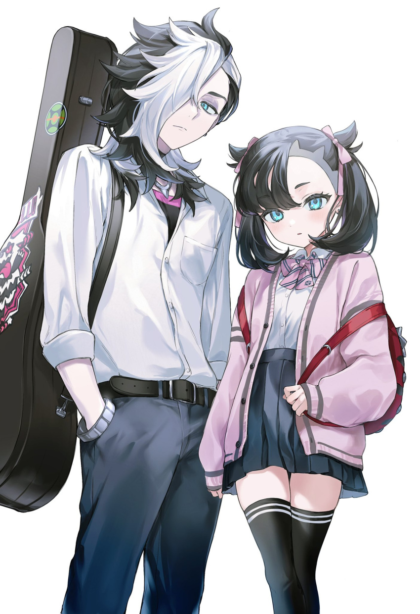 1boy 1girl alternate_costume backpack bag bangs belt black_belt black_hair black_thighhighs bracelet breast_pocket brother_and_sister buttons cardigan collared_shirt commentary_request eyelashes guitar_case hand_in_pocket highres instrument_case jewelry looking_at_viewer marnie_(pokemon) multicolored_hair neck_ribbon nekoyashiki_pushio pants piers_(pokemon) pink_cardigan pink_ribbon pleated_skirt pocket pokemon pokemon_(game) pokemon_swsh red_bag ribbon shirt siblings skirt thigh-highs two-tone_hair undershirt white_hair white_shirt