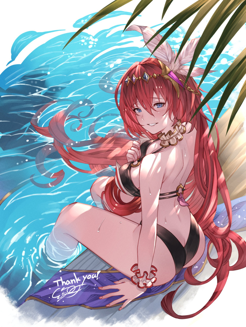 absurdres ayacho bikini black_bikini blue_eyes feather_hair_ornament feathers godsworn_alexiel granblue_fantasy hair_between_eyes hair_ornament highres layered_bikini long_hair looking_at_viewer redhead smile solo swimsuit very_long_hair white_bikini