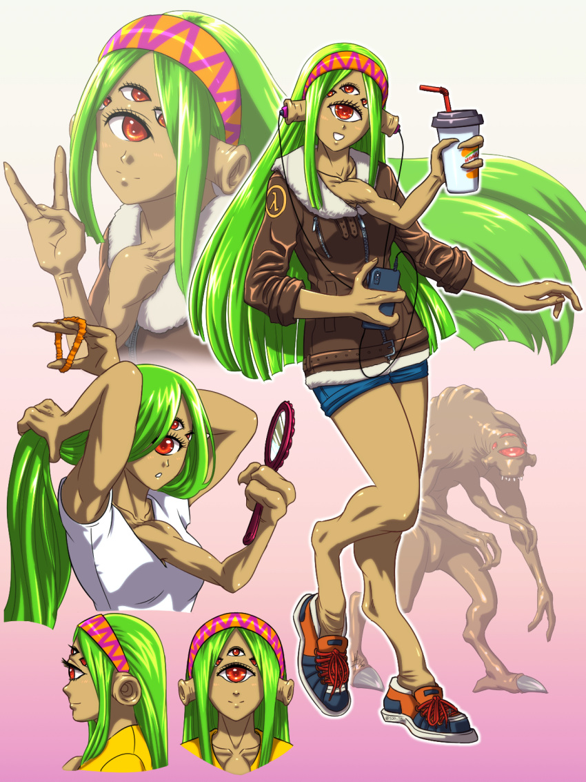 1girl alien armpits bare_legs breasts burger_king cellphone collarbone commentary cup drinking_straw earphones earphones extra_arms extra_eyes fewer_digits full_body gradient gradient_background green_hair hair_ornament hair_scrunchie hairband half-life hand_mirror highres holding holding_cup holding_phone jacket long_hair looking_at_viewer medium_breasts mirror monster_girl multiple_views phone pink_background red_eyes scrunchie shoes shorts simple_background smartphone smile sneakers solo substance20 very_long_hair vortigaunt white_background