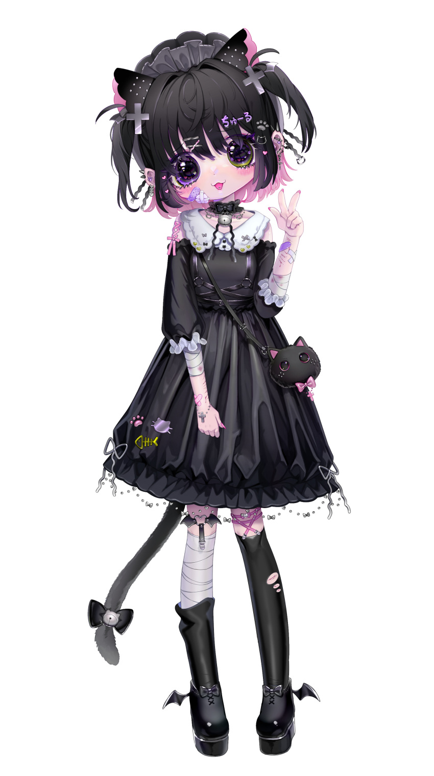 1girl absurdres animal_ears asymmetrical_legwear bag bandaged_arm bandaged_leg bandages bandaid bell black_dress black_footwear black_hair blood cat_ears cat_girl cat_tail collared_dress colored_inner_hair corset_piercing cross_hair_ornament dress ear_piercing garter_straps green_eyes hair_ornament heterochromia highres medium_hair mismatched_legwear multicolored_hair neck_bell neko_neko_ne_katta original piercing pink_hair pink_nails platform_footwear self_harm shoulder_bag simple_background tail tail_bell tail_ornament thigh-highs tongue tongue_out torn_clothes torn_legwear two_side_up v violet_eyes white_background