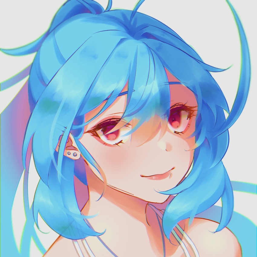 1girl ahoge aoameayumi aoameayumi_(artist) bare_shoulders blue_hair blurry close-up depth_of_field ear_piercing headshot highres lipstick looking_at_viewer looking_up makeup piercing ponytail portrait red_eyes shirt_straps smile solo tomopulse virtual_youtuber white_background